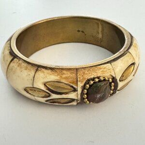 Vintage 1970s Brass and Bone Bangle Bracelet with Semi Precious Stones TESTED